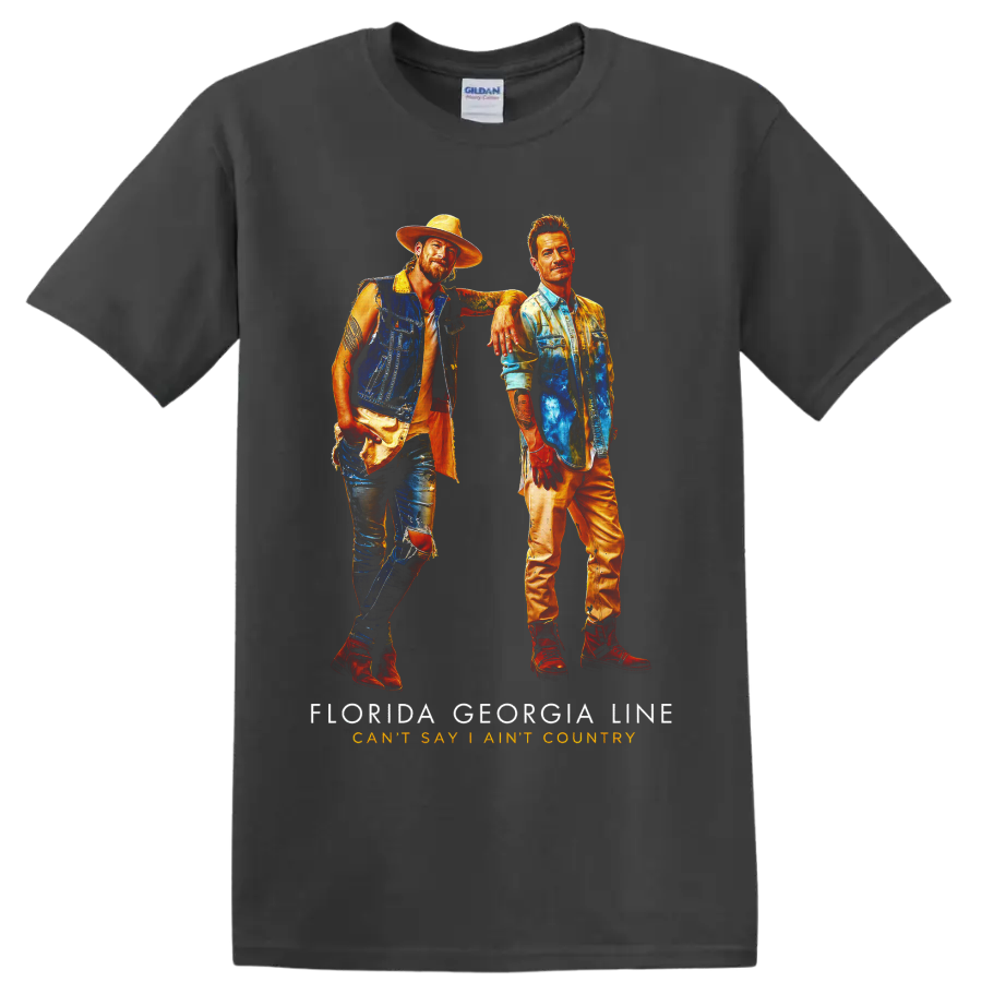 Florida Georgia Line painted duo portrait with Can’t Say I Ain’t Country text on a Charcoal T Shirt