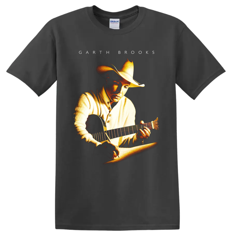 Garth Brooks cowboy hat and acoustic guitar portrait in warm Western illustration on a Charcoal T Shirt