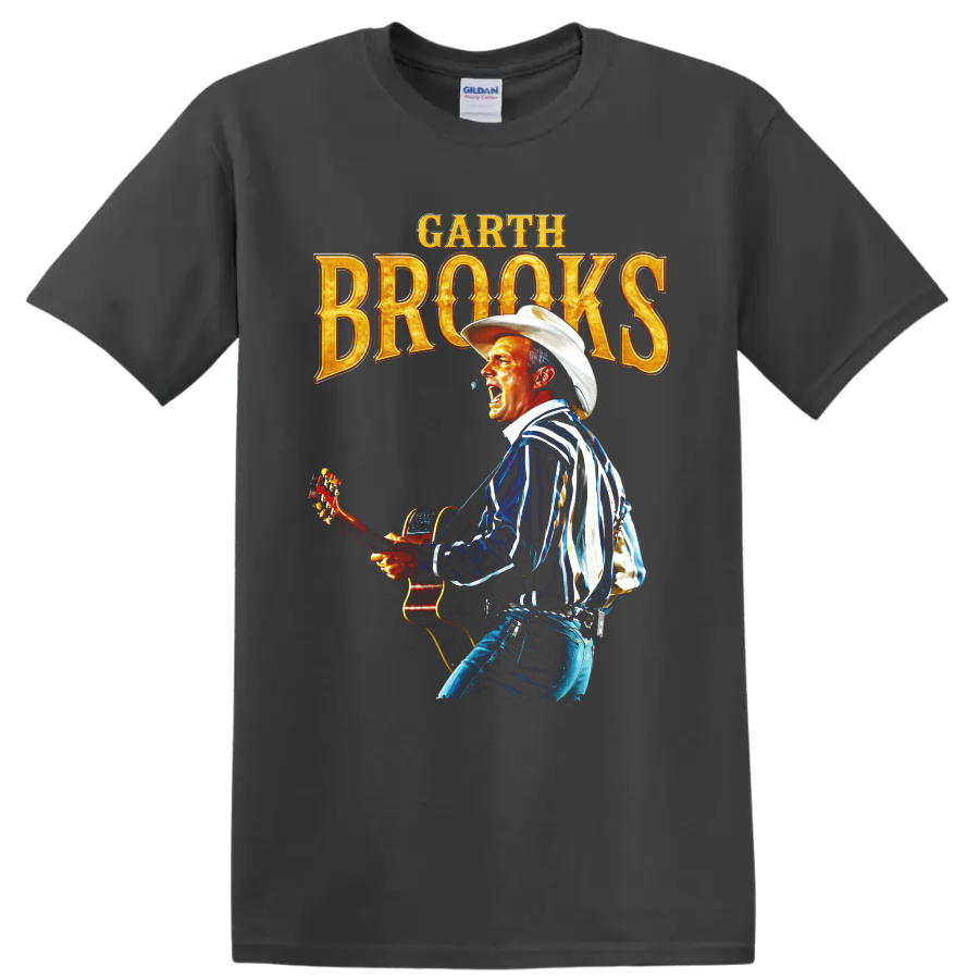 Garth Brooks singer with acoustic guitar, cowboy hat, and gold concert lettering on a Charcoal T Shirt