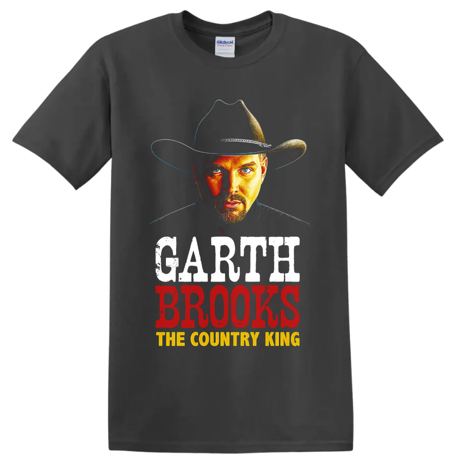 Garth Brooks cowboy hat portrait with distressed The Country King lettering on a Charcoal T Shirt