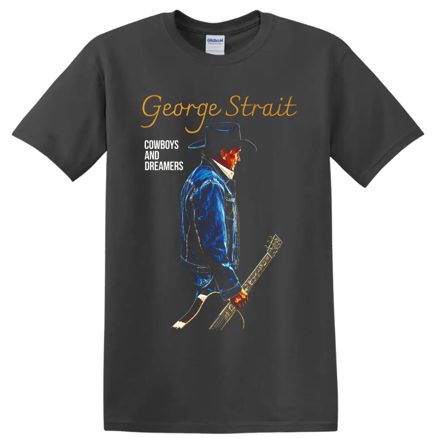 George Strait cowboy portrait with guitar and Cowboys and Dreamers western lettering on a Charcoal T Shirt