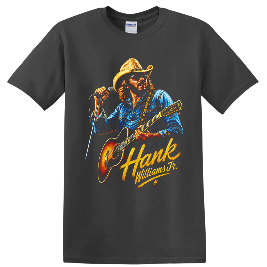 Hank Williams Jr. country guitar performance illustration with cowboy hat and microphone on a Charcoal T Shirt