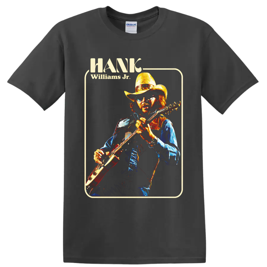Hank Williams Jr retro portrait playing electric guitar in cowboy hat and sunglasses on a Charcoal T Shirt