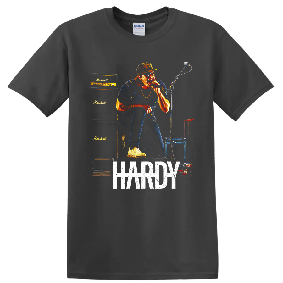 HARDY live concert singer graphic with microphone, amplifiers, and distressed lettering on a Charcoal T Shirt
