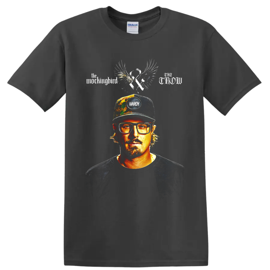 HARDY portrait with wings, ribbon, cap, and distressed country music artwork on a Charcoal T Shirt