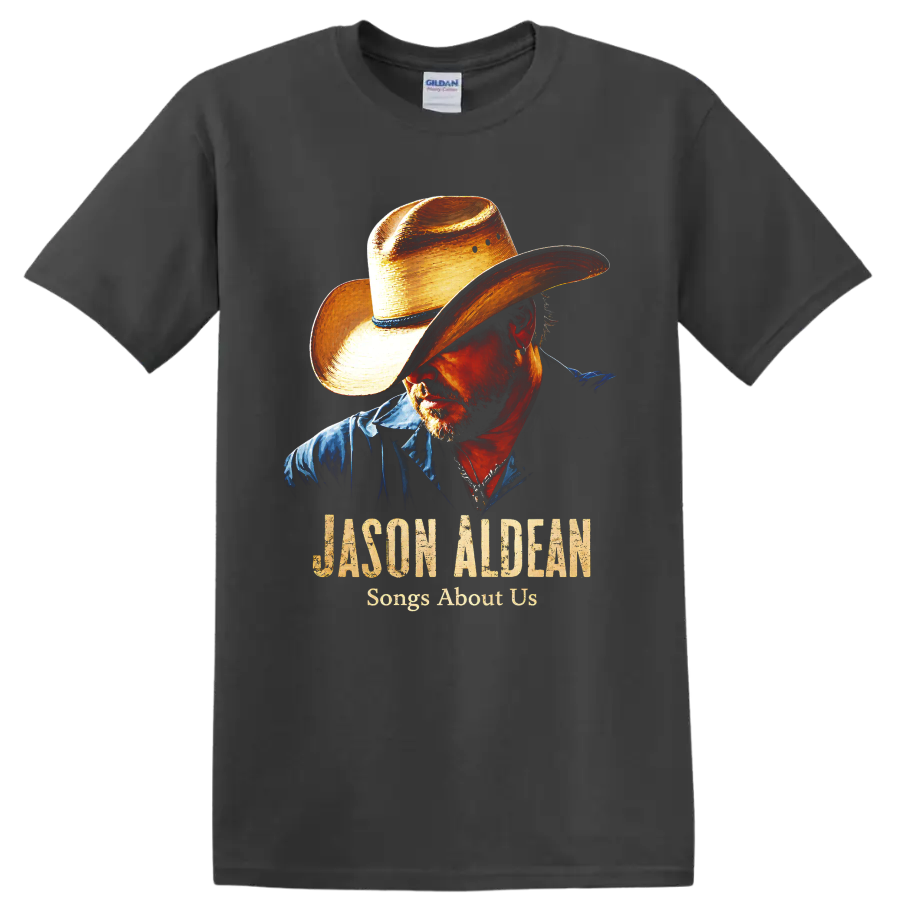 Jason Aldean cowboy hat portrait with Songs About Us distressed country music text on a Charcoal T Shirt