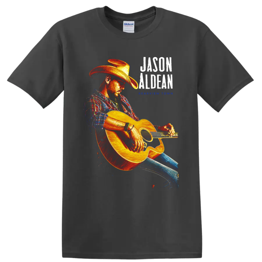 Jason Aldean Hicktown distressed concert graphic with cowboy-hatted acoustic guitarist on a Charcoal T Shirt