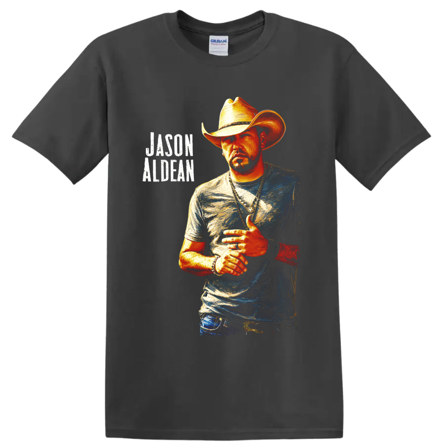 Jason Aldean cowboy hat portrait in vivid painted style with distressed name lettering on a Charcoal T Shirt