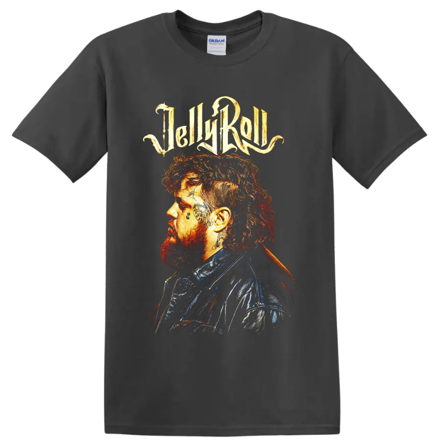 Jelly Roll side-profile portrait with tattoo details and fiery painted lettering on a Charcoal T Shirt