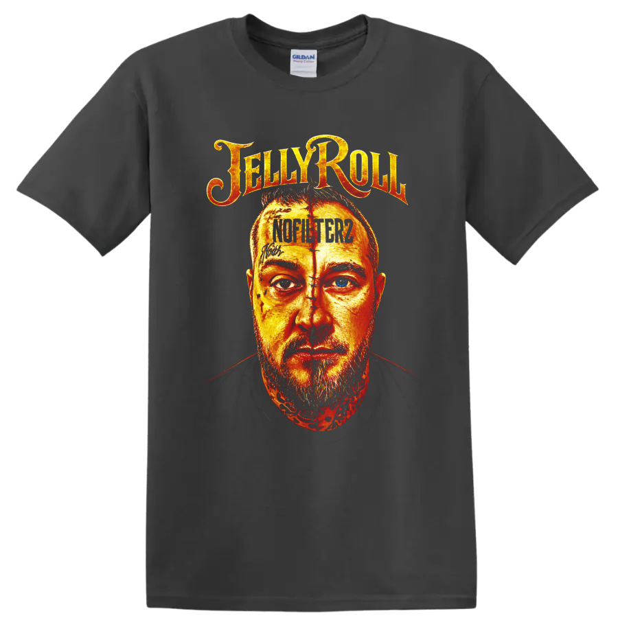 Fiery illustrated Jelly Roll portrait with distressed lettering and Not Like Us text on a Charcoal T Shirt