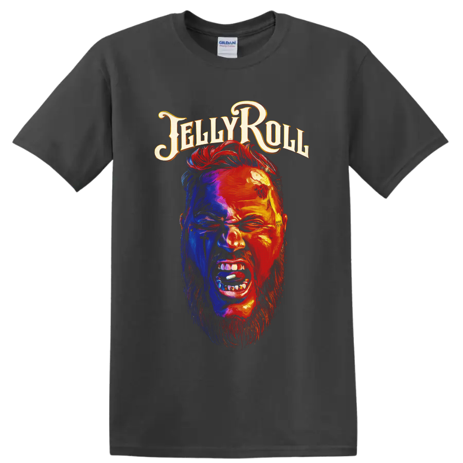 Jelly Roll tattooed portrait in vivid blue and fiery red with ornate Jelly Roll lettering on a Charcoal T Shirt