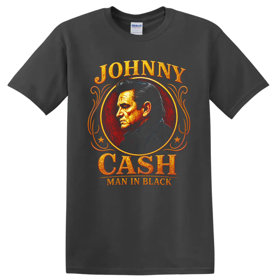 Johnny Cash Man in Black portrait with red medallion and ornate western lettering on a Charcoal T Shirt