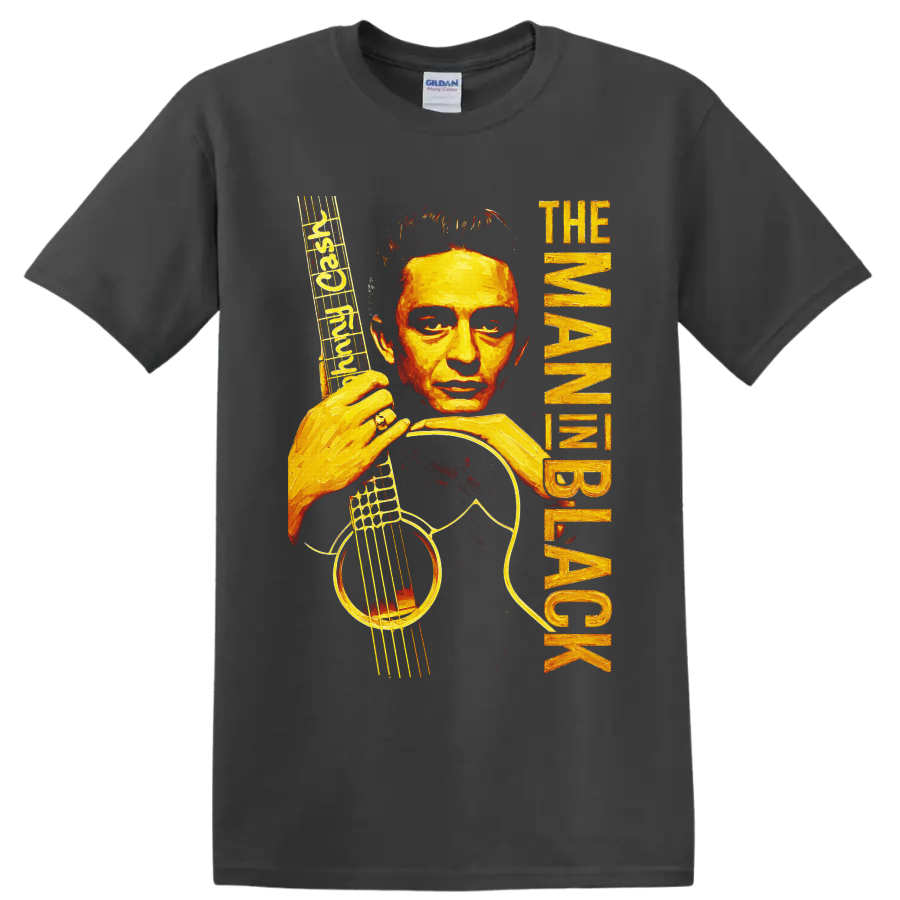 Johnny Cash painted guitar portrait with musical notes and distressed vertical lettering on a Charcoal T Shirt