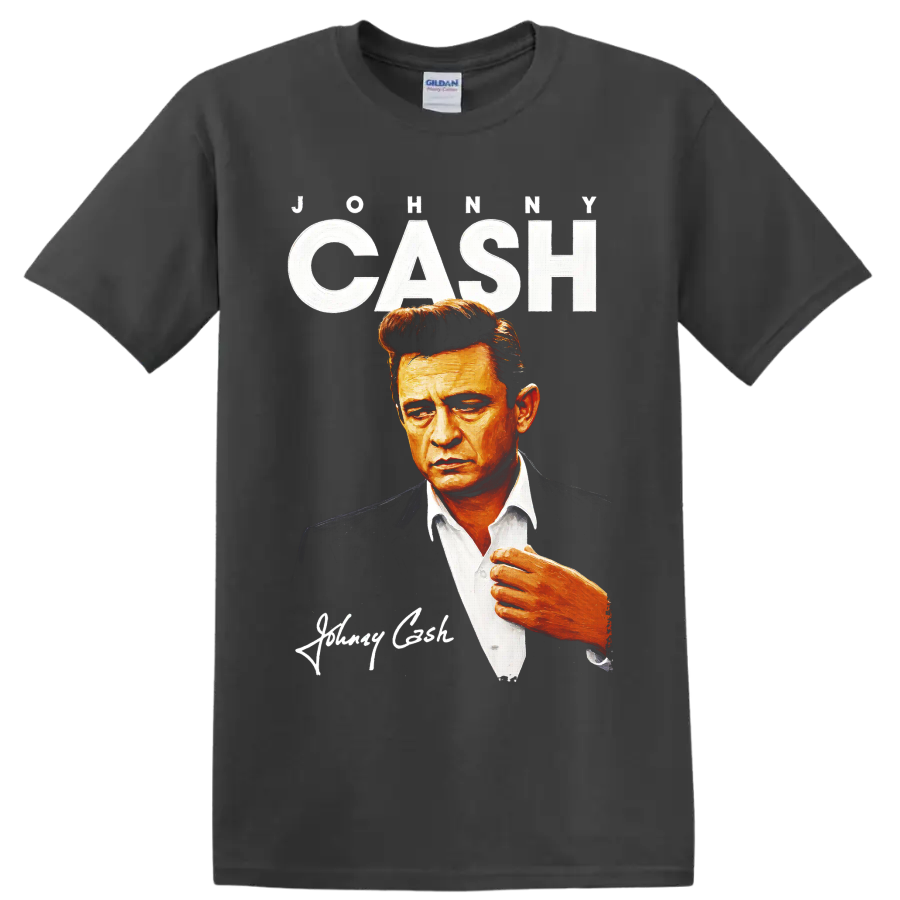 Johnny Cash painted portrait with distressed JOHNNY CASH lettering and signature-style on a Charcoal T Shirt