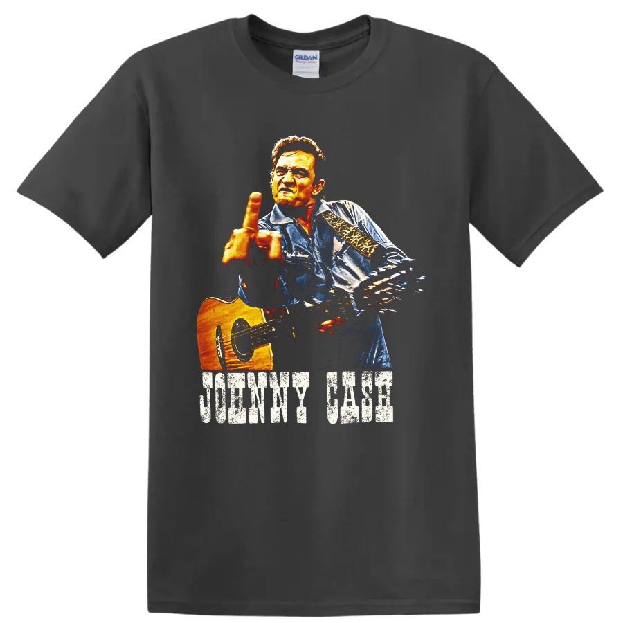 Johnny Cash painted guitar portrait with distressed name lettering on a Charcoal T Shirt