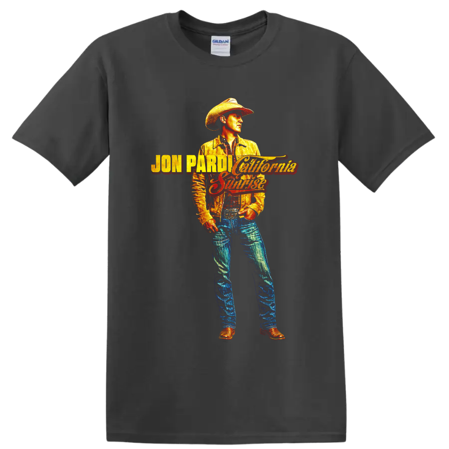Jon Pardi California Sunrise cowboy portrait with retro western lettering on a Charcoal T Shirt