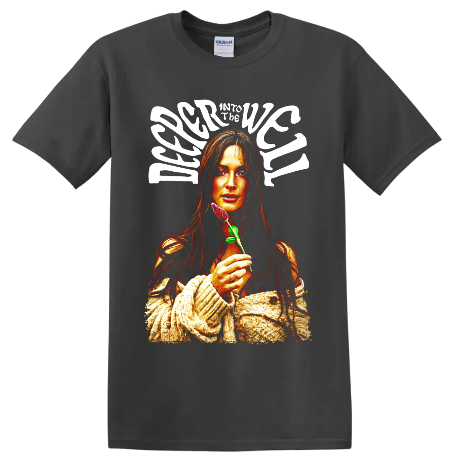 Kacey Musgraves retro portrait holding a pink flower with bold white lettering on a Charcoal T Shirt