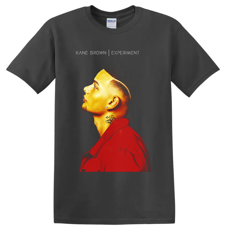 Kane Brown Experiment side-profile portrait in vivid red and gold tones on a Charcoal T Shirt