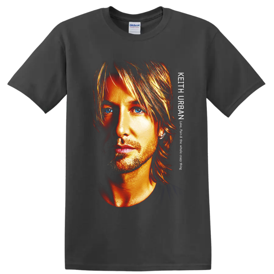 Keith Urban close-up portrait in fiery high-contrast art with striking blue eyes on a Charcoal T Shirt