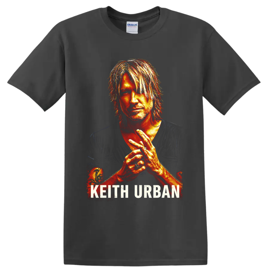 Fiery painted Keith Urban portrait with clasped hands and distressed KEITH URBAN text on a Charcoal T Shirt