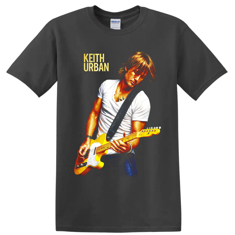 Keith Urban portrait playing yellow electric guitar in vivid concert art on a Charcoal T Shirt