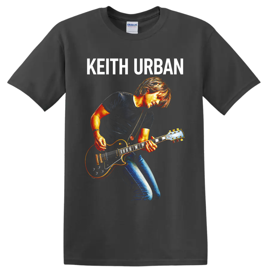 Keith Urban guitarist in vivid concert-poster style with electric guitar and name text on a Charcoal T Shirt