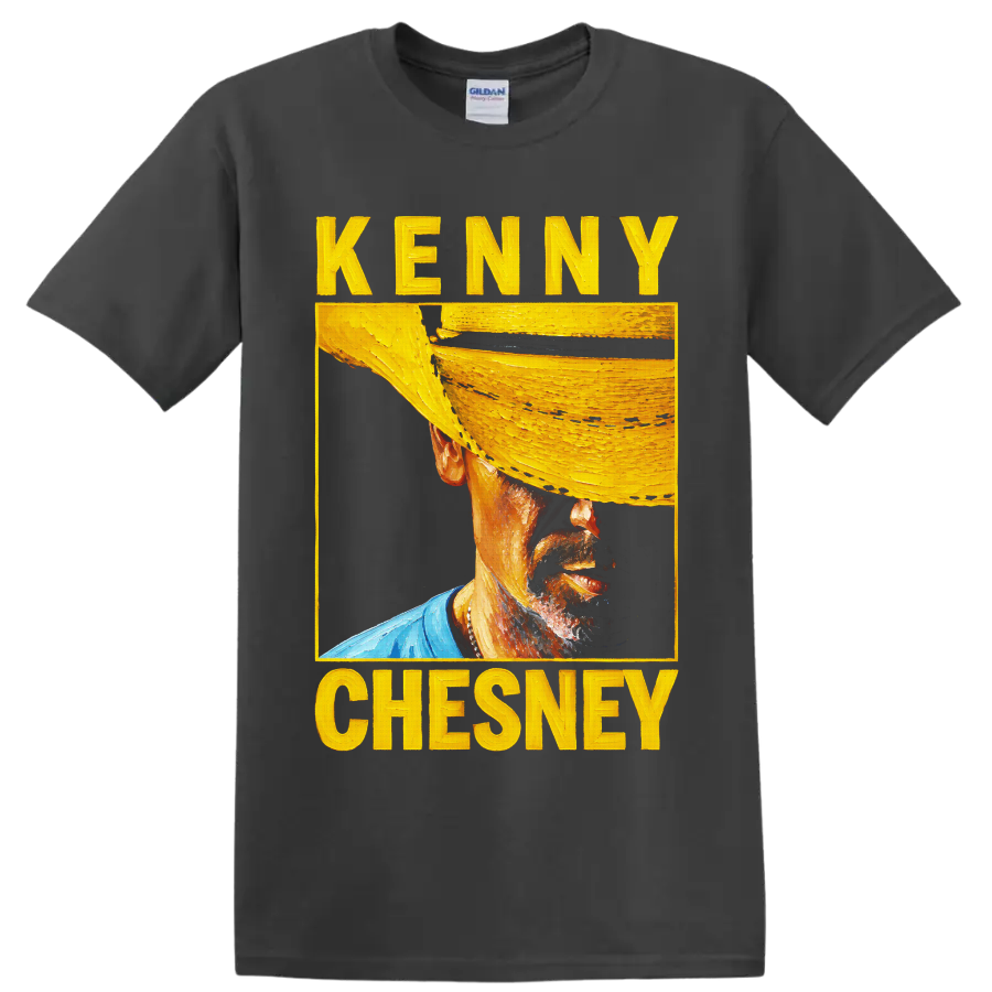 Kenny Chesney painterly cowboy hat portrait with bold yellow lettering on a Charcoal T Shirt