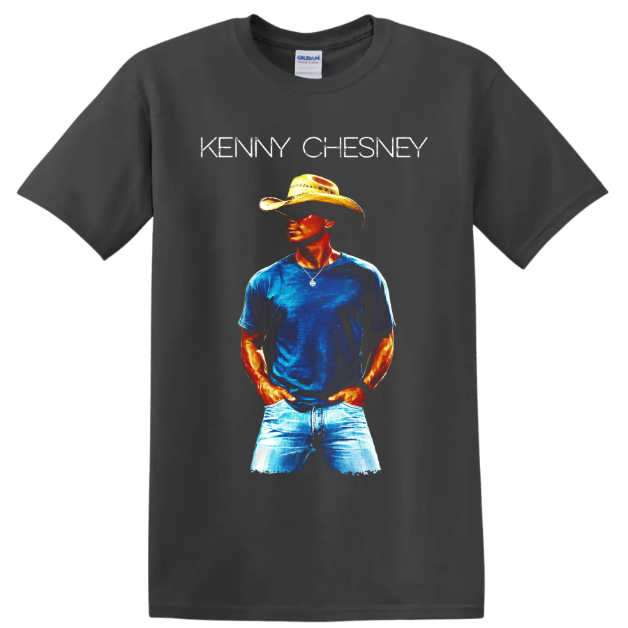Kenny Chesney cowboy hat portrait in vivid blue and orange painterly country music art on a Charcoal T Shirt