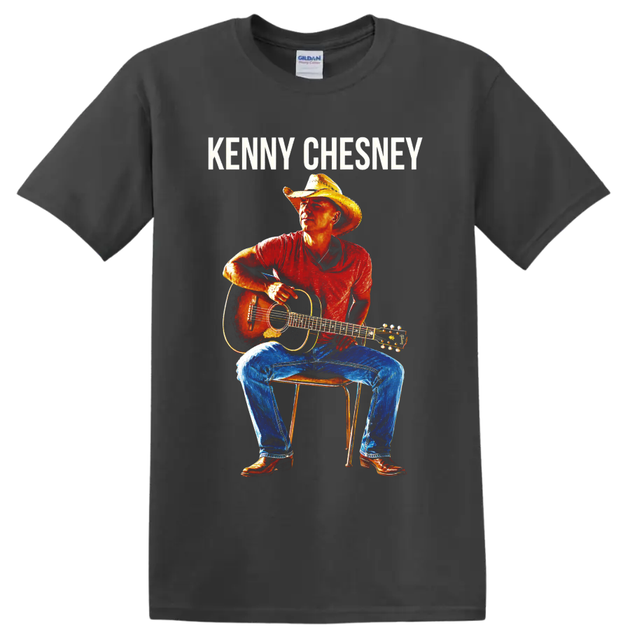 Kenny Chesney portrait with cowboy hat and acoustic guitar in vivid poster style on a Charcoal T Shirt