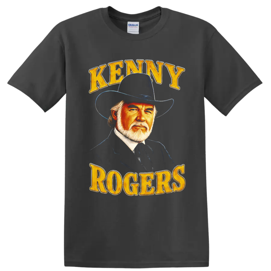 Kenny Rogers cowboy hat portrait with gold KENNY ROGERS lettering in vintage Western style on a Charcoal T Shirt