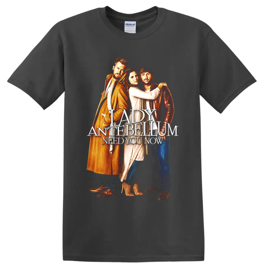 Lady Antebellum trio portrait with Need You Now layered country music lettering on a Charcoal T Shirt