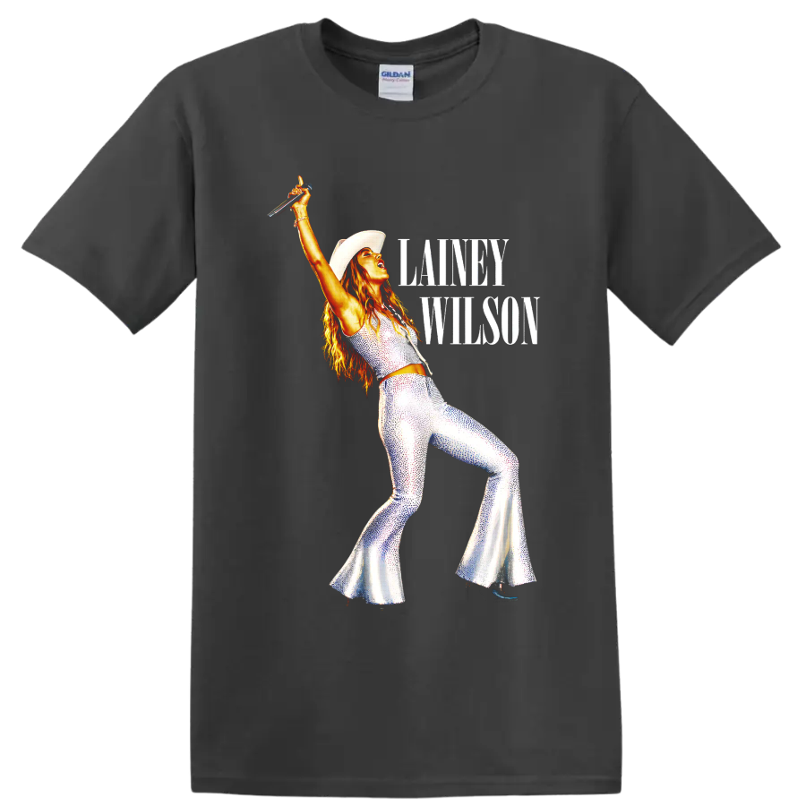 Lainey Wilson in cowboy hat and sparkling stagewear with raised microphone and text on a Charcoal T Shirt
