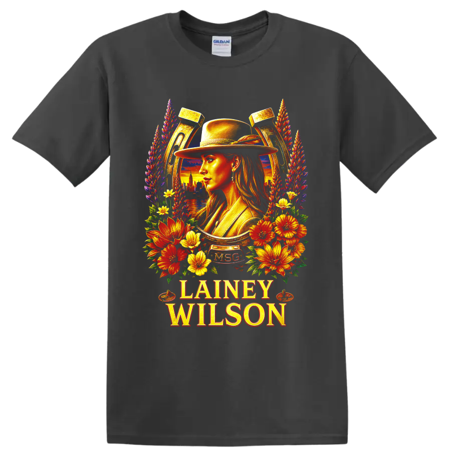 Lainey Wilson western hat portrait with floral horseshoe and sunset skyline on a Charcoal T Shirt