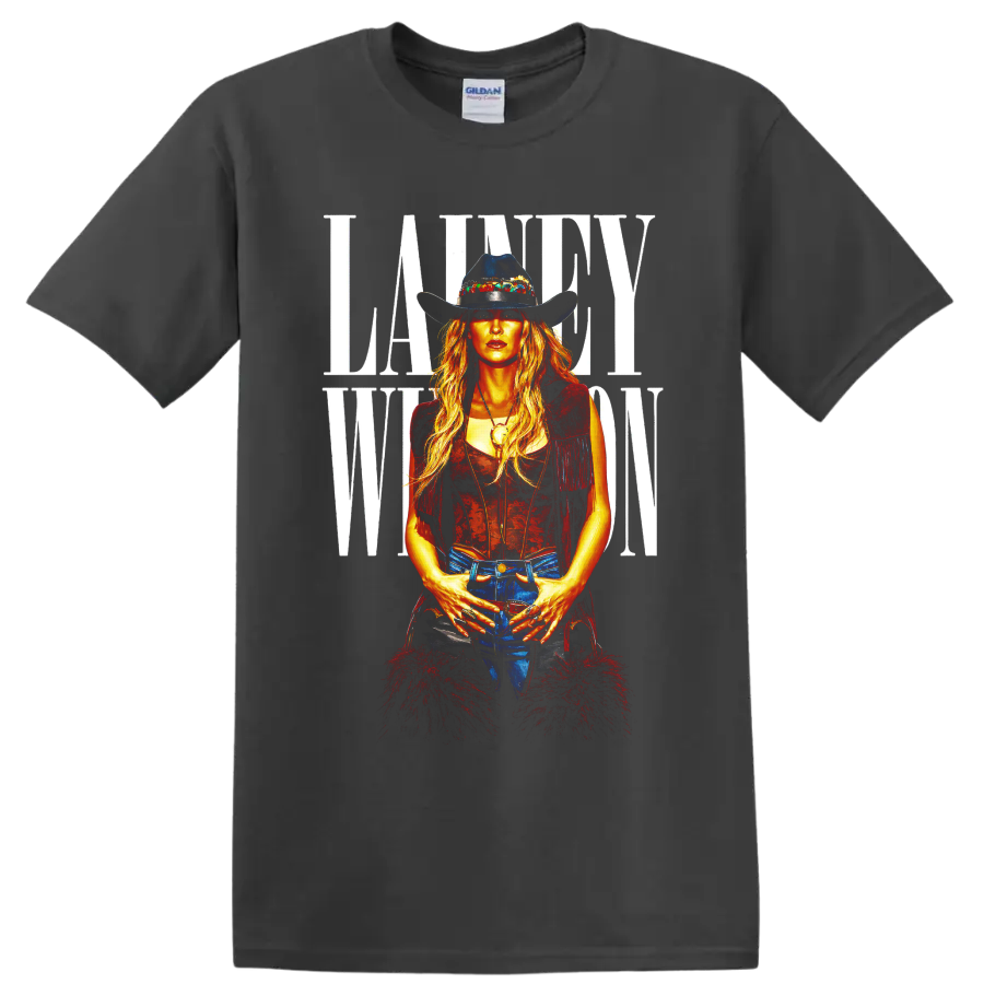 Lainey Wilson western portrait in cowboy hat, fringe vest, and bold white lettering on a Charcoal T Shirt