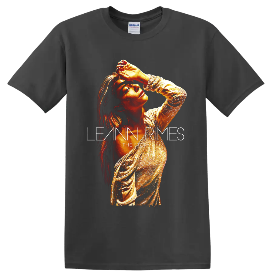 LeAnn Rimes golden glam portrait with The Story lettering on a Charcoal T Shirt