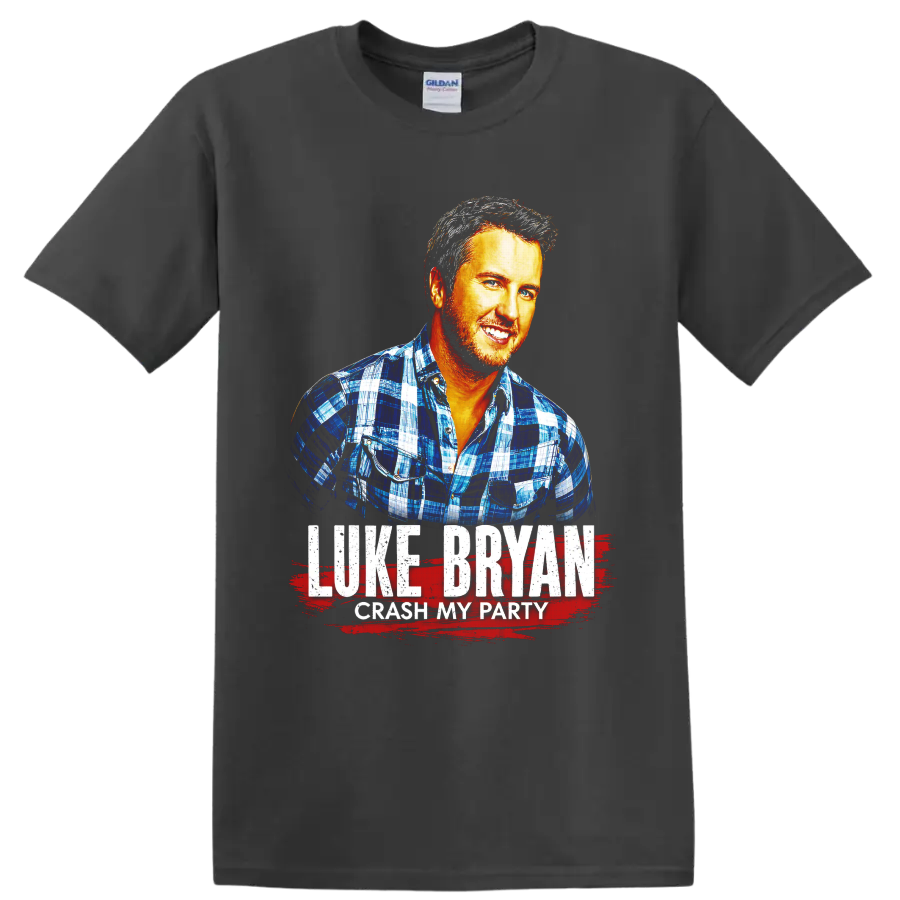 Luke Bryan Crash My Party portrait with distressed lettering and red brushstroke on a Charcoal T Shirt