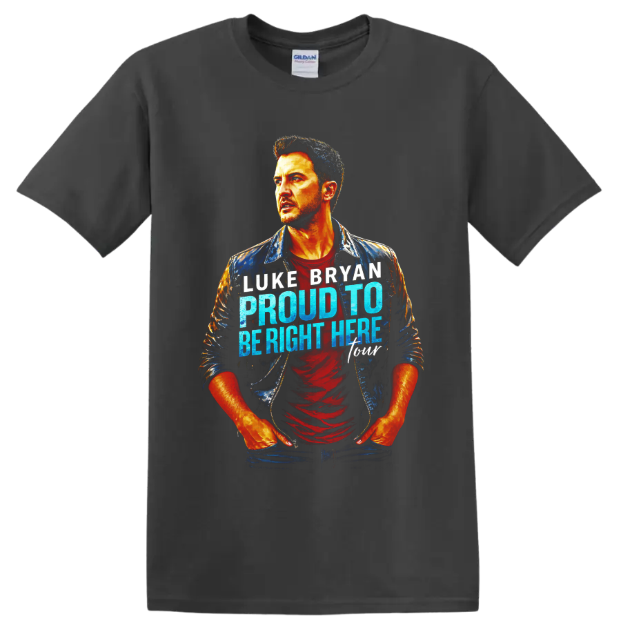 Luke Bryan painterly portrait with Proud To Be Right Here blue and white lettering on a Charcoal T Shirt