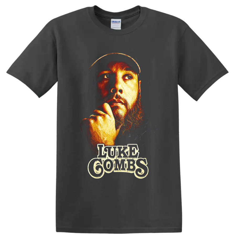 Luke Combs painted portrait with fiery split lighting and decorative lettering on a Charcoal T Shirt