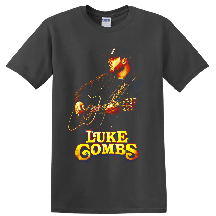Luke Combs playing acoustic guitar in vivid vintage concert-poster style on a Charcoal T Shirt