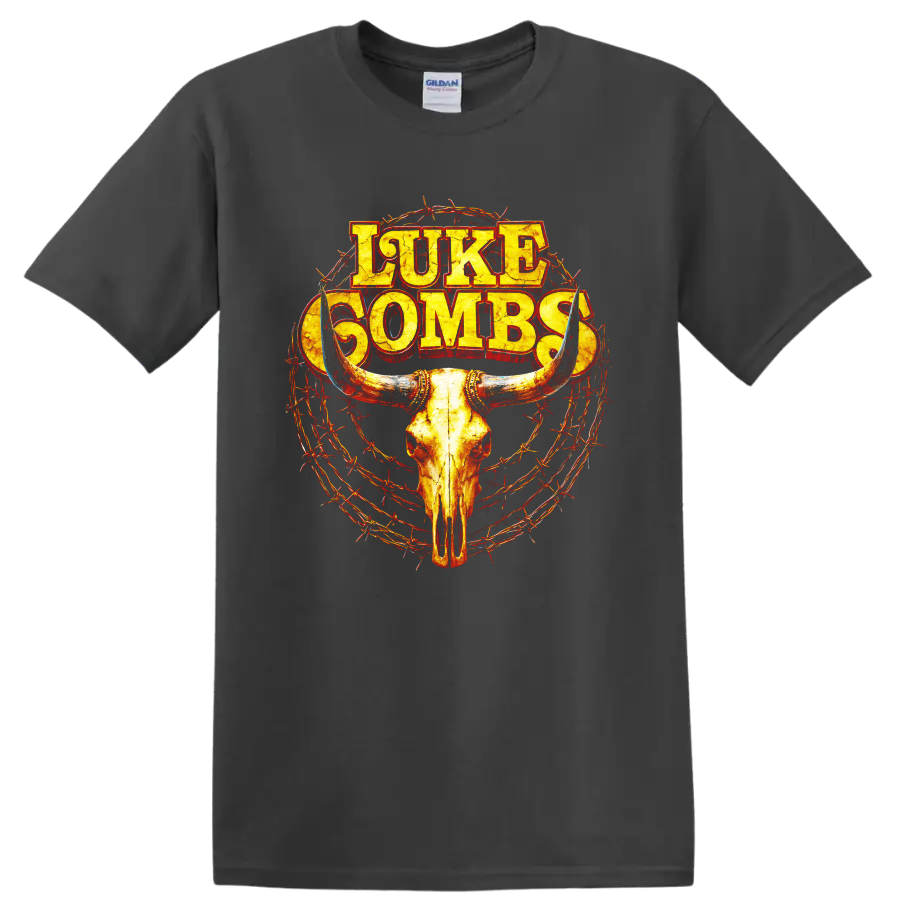 Luke Combs distressed lettering with longhorn skull and barbed wire western graphic on a Charcoal T Shirt