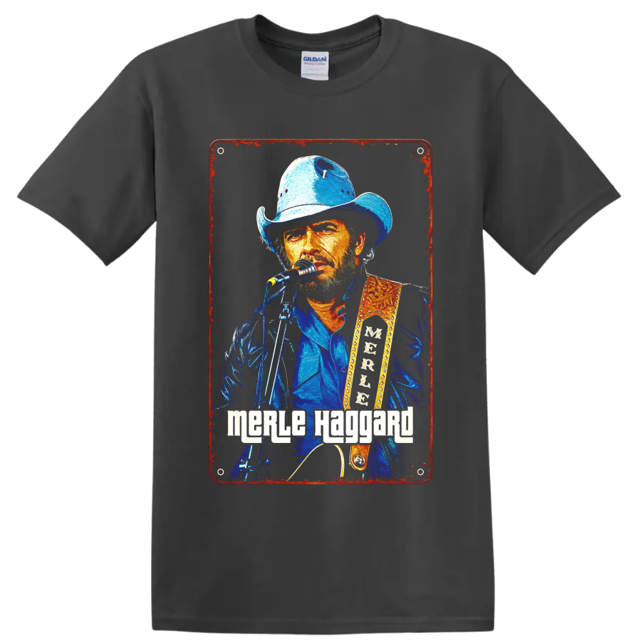 Merle Haggard painted cowboy-hat performance portrait with microphone and guitar on a Charcoal T Shirt