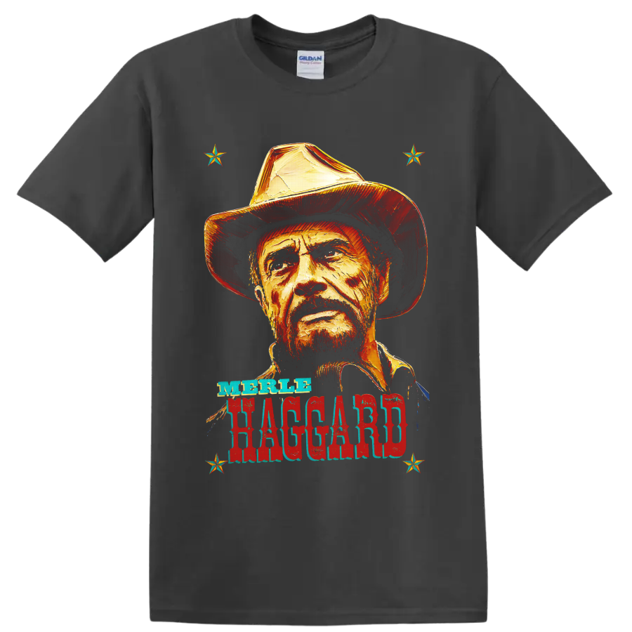 Merle Haggard cowboy hat portrait with distressed western lettering and stars on a Charcoal T Shirt