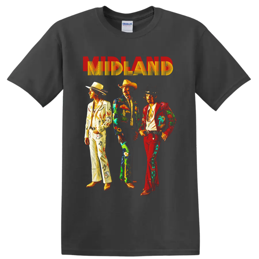 Midland country trio in colorful western suits beneath retro MIDLAND lettering on a Charcoal T Shirt