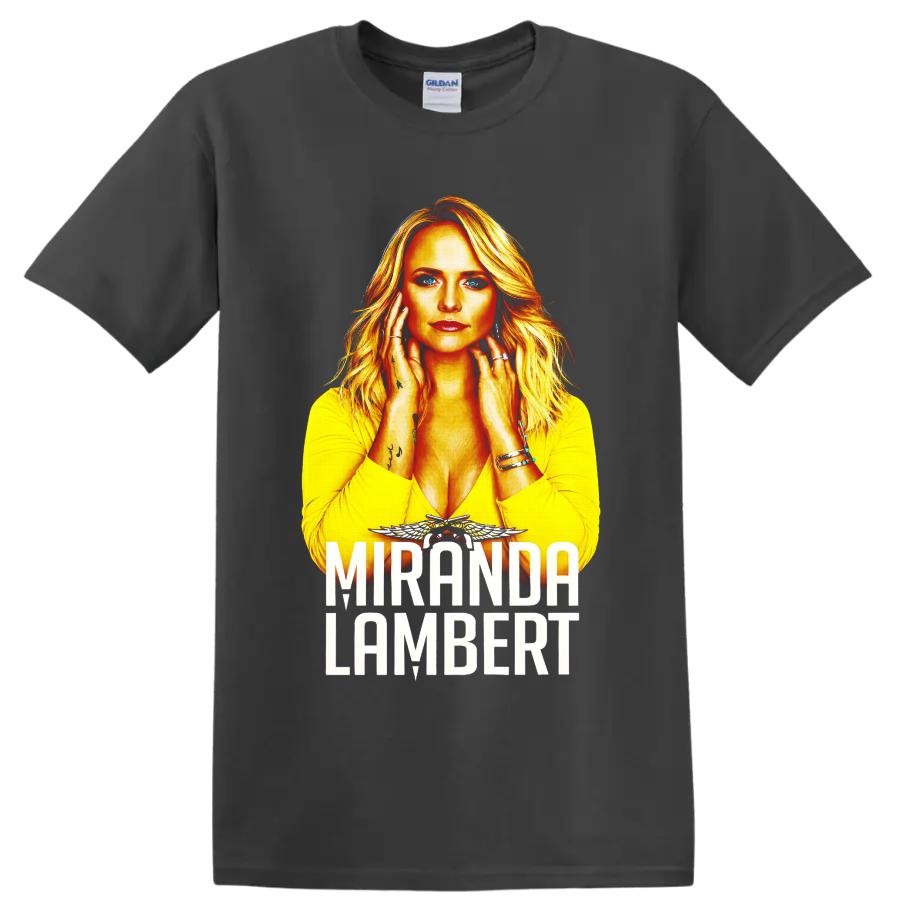 Miranda Lambert portrait with fiery gold artwork, winged accent, and bold name lettering on a Charcoal T Shirt