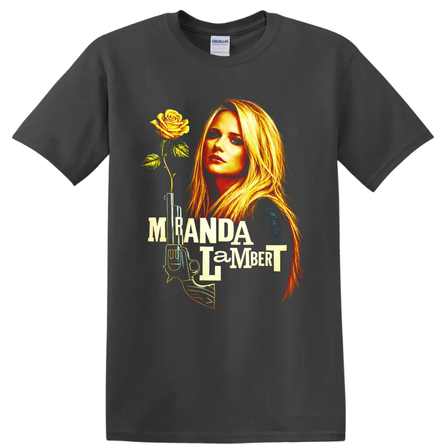 Miranda Lambert portrait with yellow rose, vintage microphone, and bold layered lettering on a Charcoal T Shirt