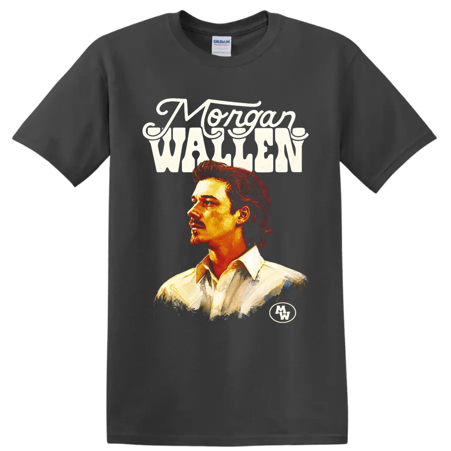 Morgan Wallen painted portrait with western lettering and fiery country music art on a Charcoal T Shirt