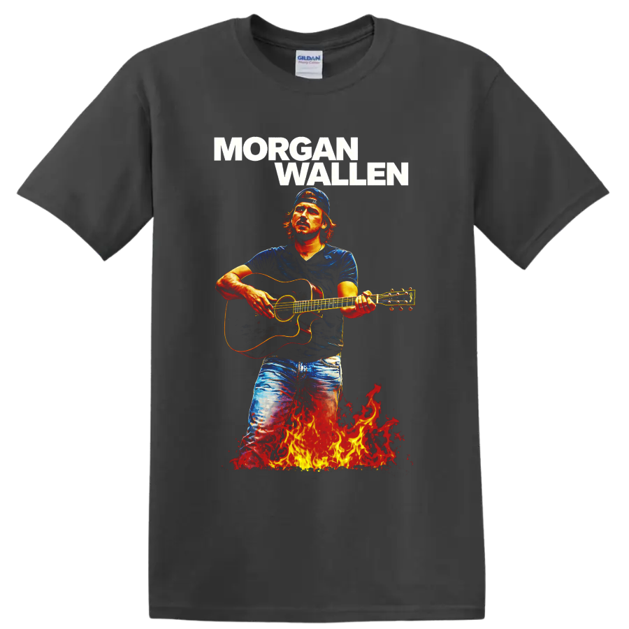Morgan Wallen guitar player illustration with bold name text and fiery flames on a Charcoal T Shirt