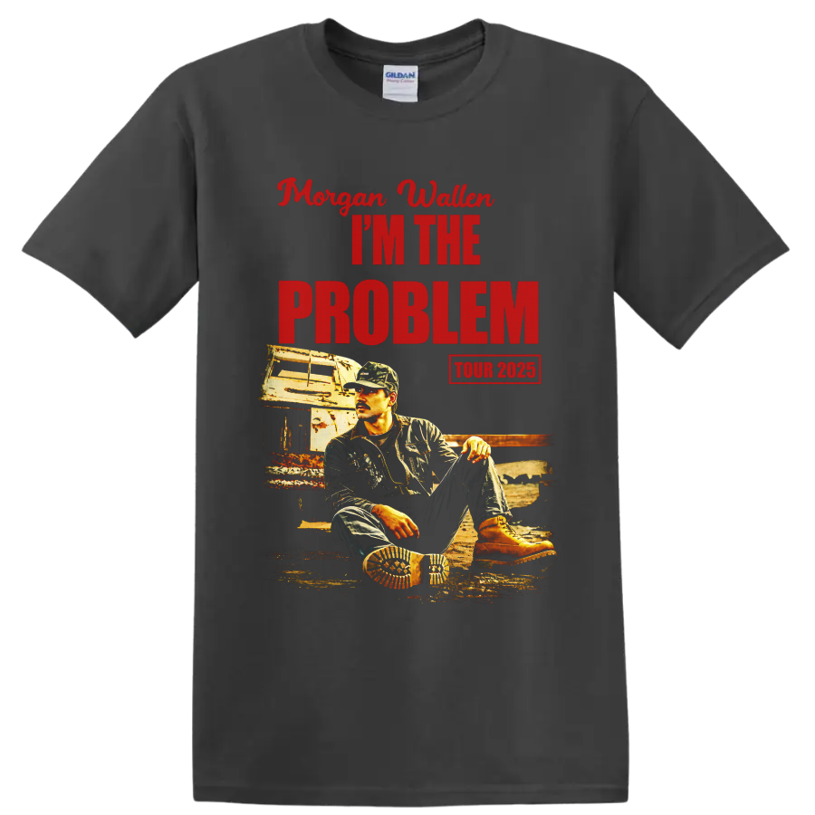 Morgan Wallen I'm The Problem Tour 2025 distressed portrait and trailer graphic on a Charcoal T Shirt