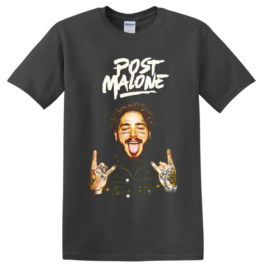 Post Malone portrait with tattooed hands and bold brush lettering on a Charcoal T Shirt