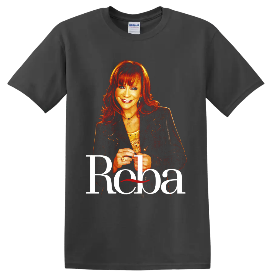 Reba McEntire portrait with red hair, sparkling jacket, and large Reba lettering on a Charcoal T Shirt